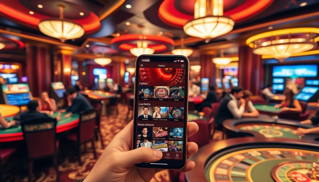 Action-packed gaming session with the hm88 app showcased on a smartphone amid a vibrant casino atmosphere.