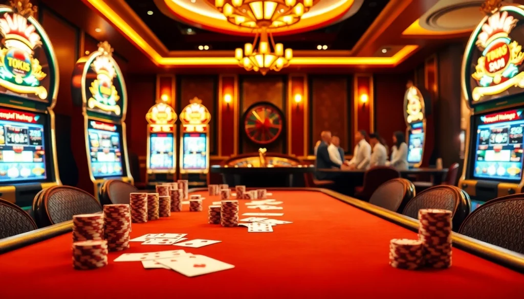 Experience the excitement of xin88 casino with players engaging in dynamic poker games at a luxurious casino table.