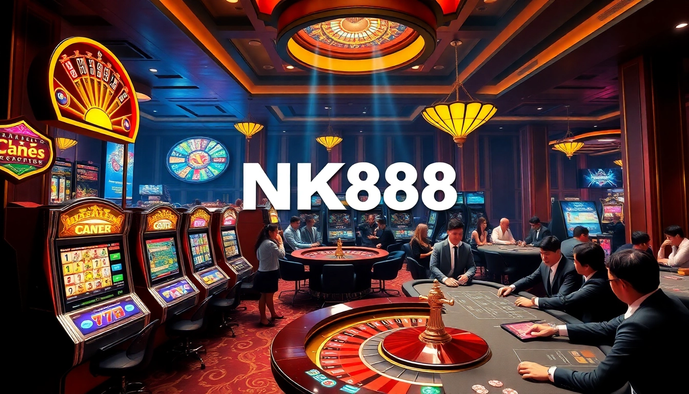 Players engaging with NK88 casino games at vibrant tables and slot machines in an elegant setting.