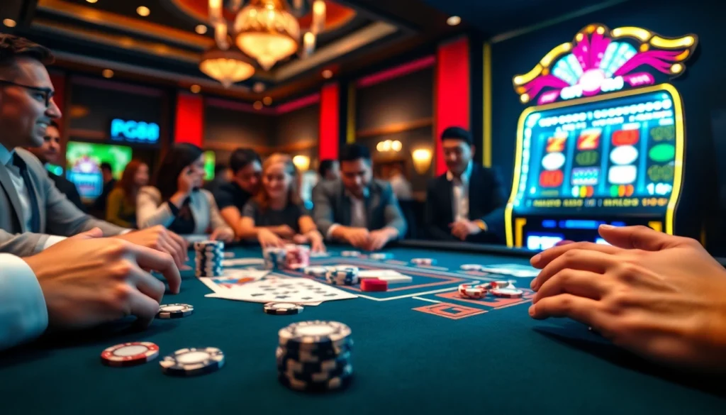 Engaging players enjoying pg88 trang chủ đăng nhập at a luxurious casino table with vibrant slot machines.