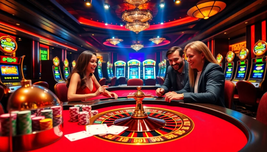 F168 poker table setup showing vibrant chips, cards, and a roulette wheel in a luxurious casino.