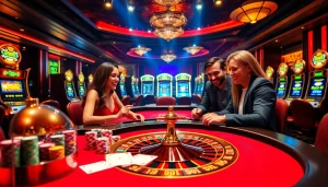 F168 poker table setup showing vibrant chips, cards, and a roulette wheel in a luxurious casino.