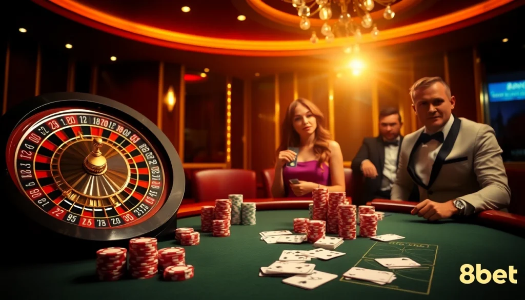 Experience the thrill of gambling at 8kbet in a luxurious casino setting with roulette and poker.