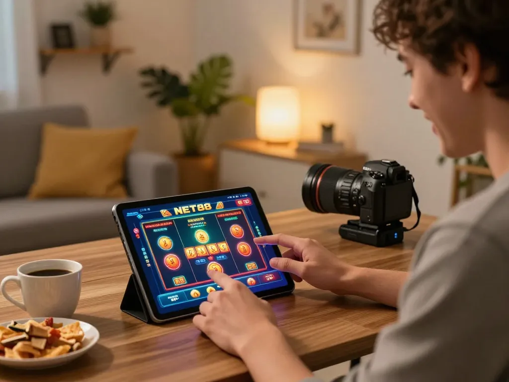 NET88 user playing casino games on a tablet in a cozy home setting, highlighting entertainment.