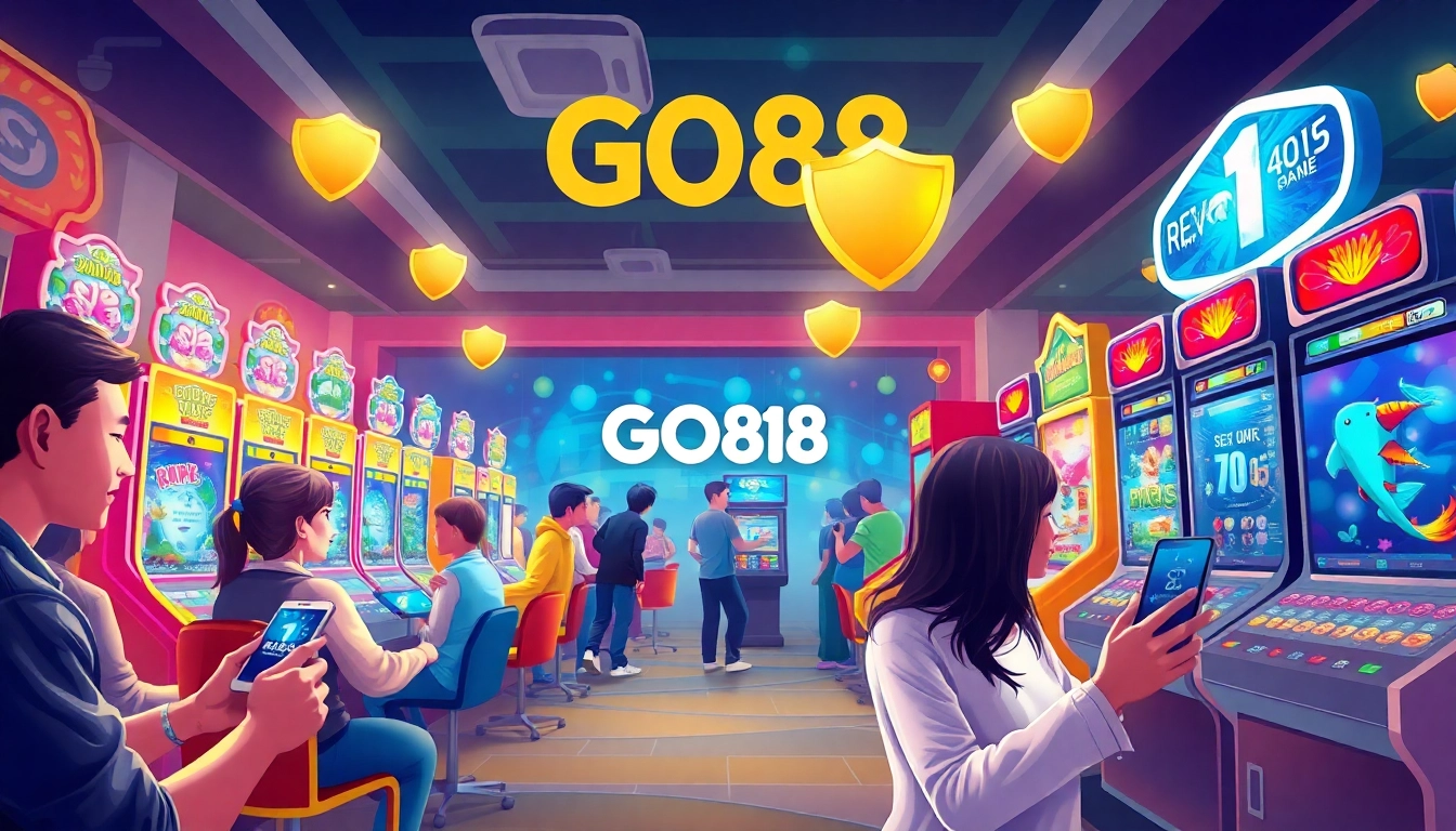 Online gaming experience at https://go88.limited with players engaging in diverse games amidst vibrant colors and secure atmosphere.