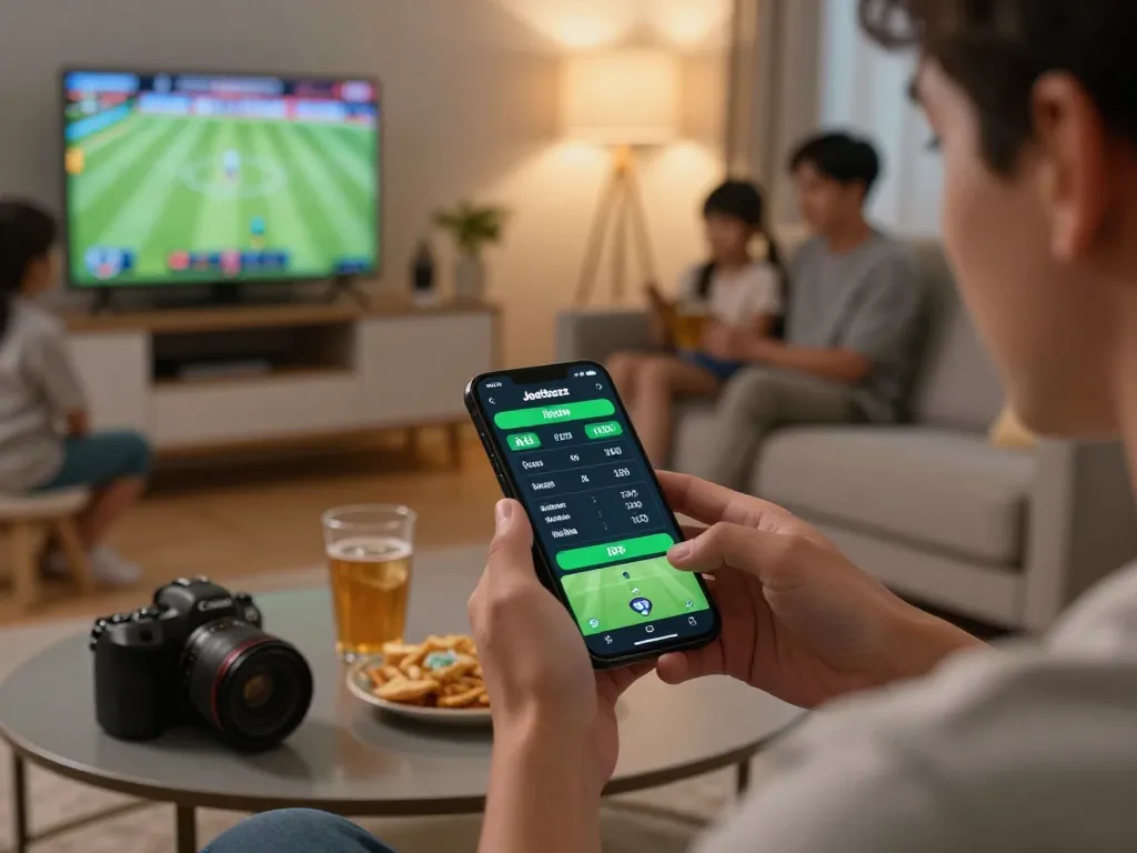 Betting on Jeetbuzz App with live sports odds in a cozy home setting