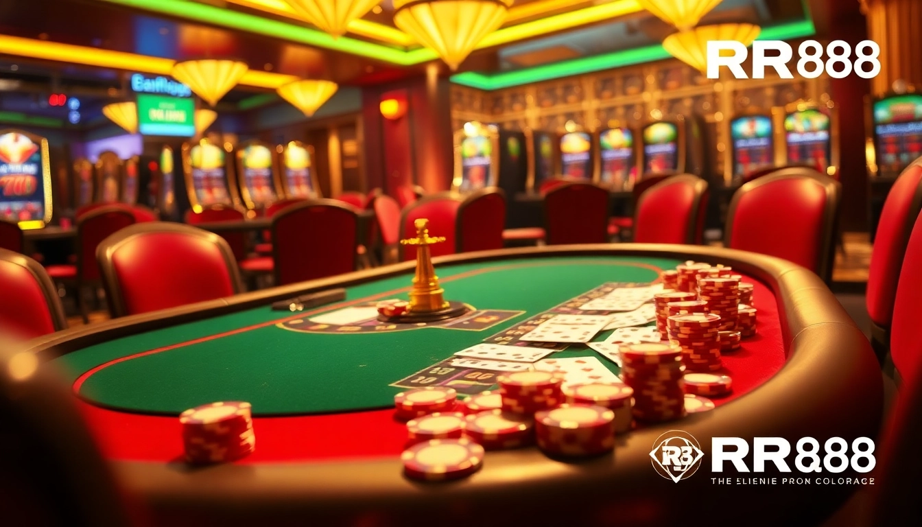 RR88 poker chips and cards on a luxury casino table, highlighting high-stakes excitement.