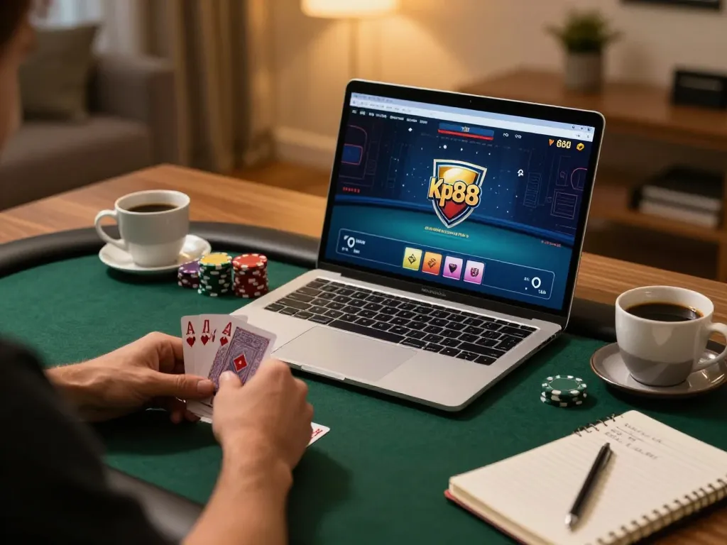 Player analyzing cards on laptop showcasing kp88 bio gaming strategy in cozy home setup.
