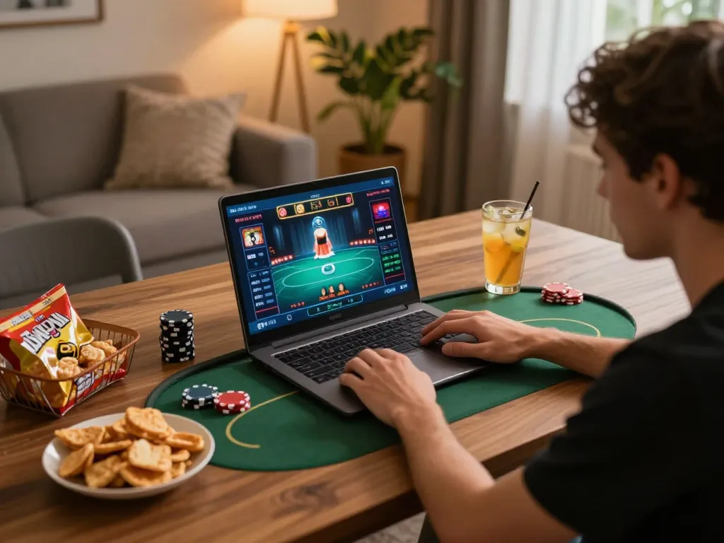Engaged player enjoying 8xbet online poker at home, surrounded by snacks and drinks in a cozy atmosphere.