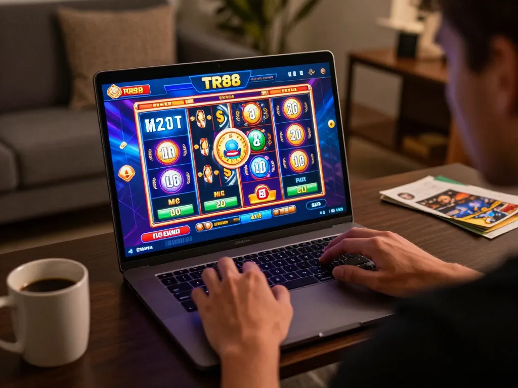 Engaging online gaming session on TR88, showing vibrant slot graphics and a focused player.