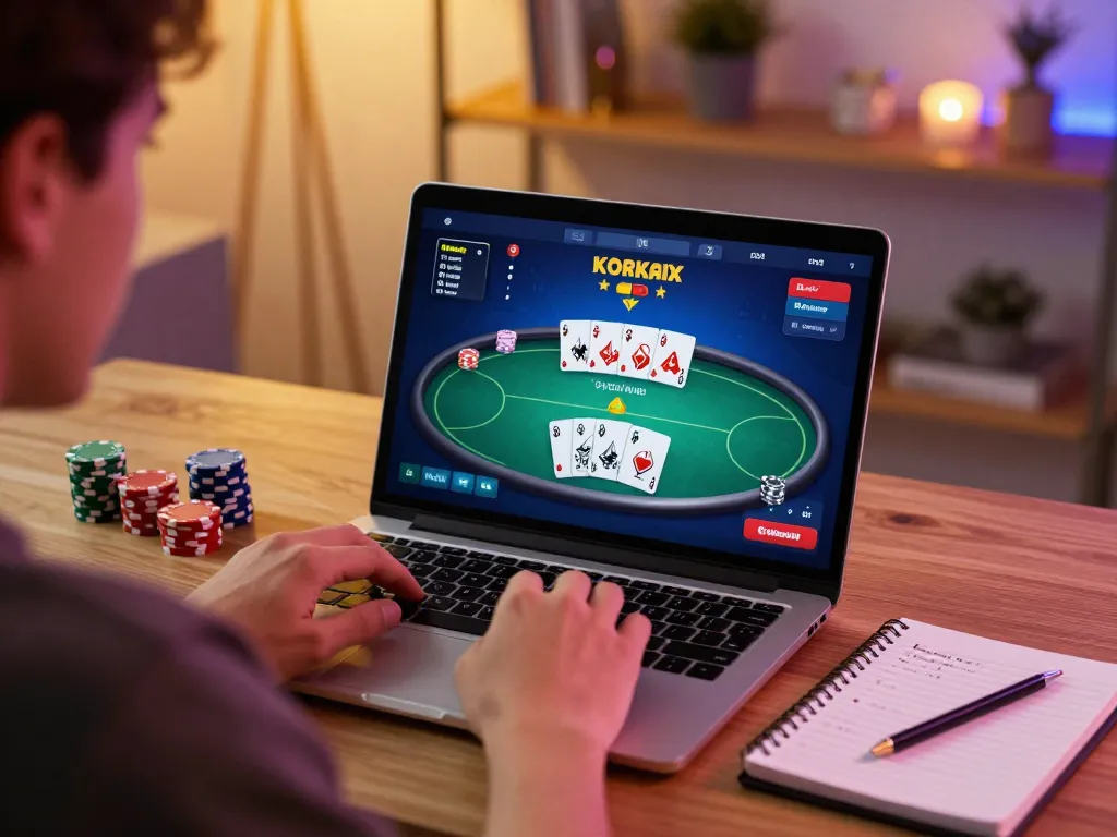 Online gambler enjoying poker game on dh88 site with strategy notes in cozy home office.