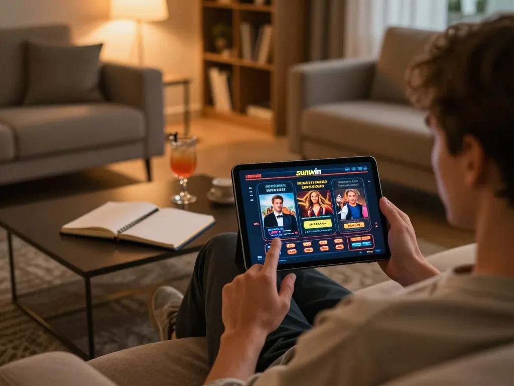 Engaging with the sunwin online casino interface on a tablet in a cozy home setting