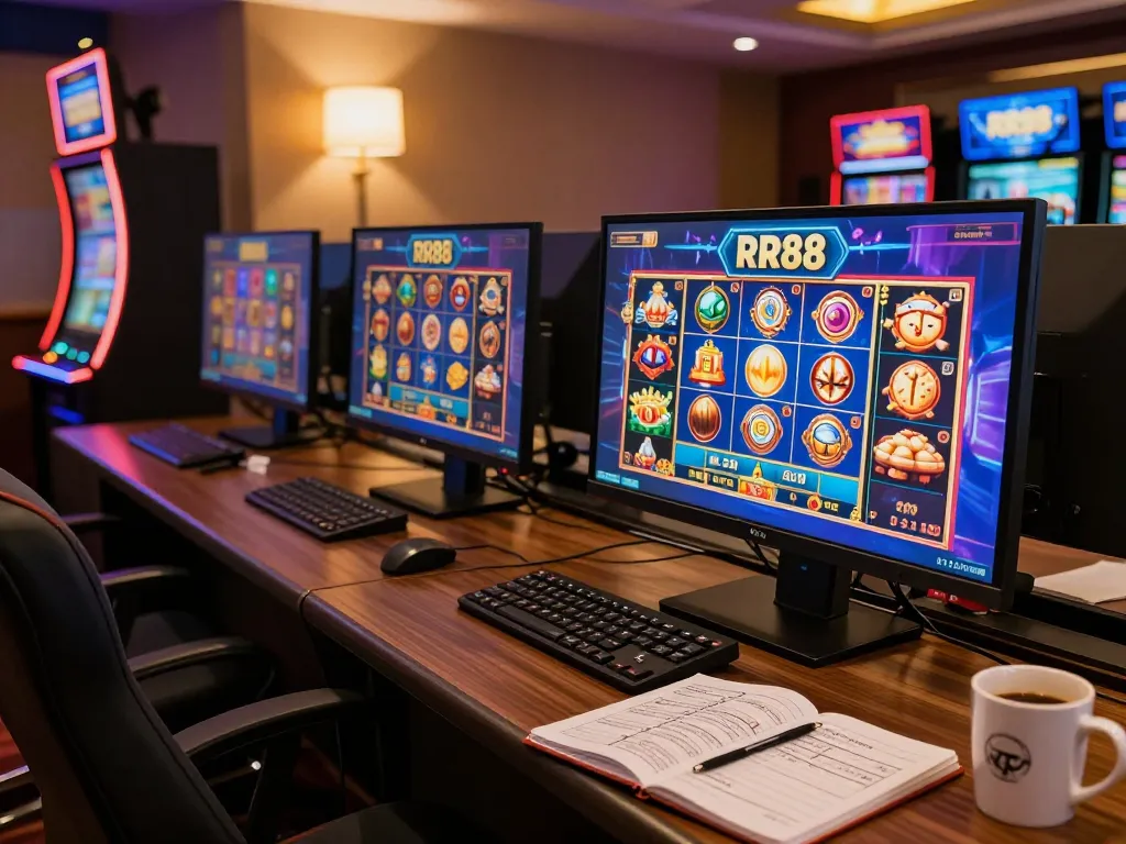 Engaging RR88 online casino gaming setup showing vibrant game interface and cozy atmosphere.