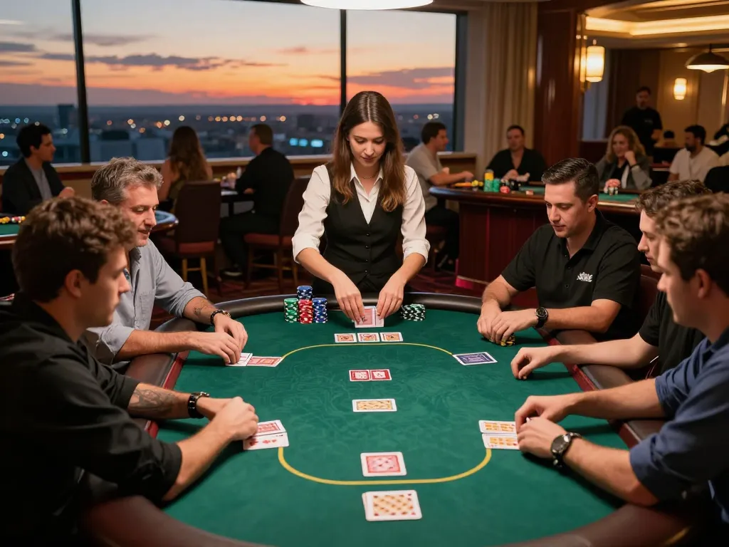 Players engaging in high-stakes poker at a luxury Las Vegas casino, with attention on XX88 cards and stacks of chips
