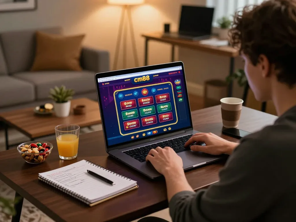 Engaging in strategic gameplay on cm88 com from a cozy home gaming setup with laptop and snacks.