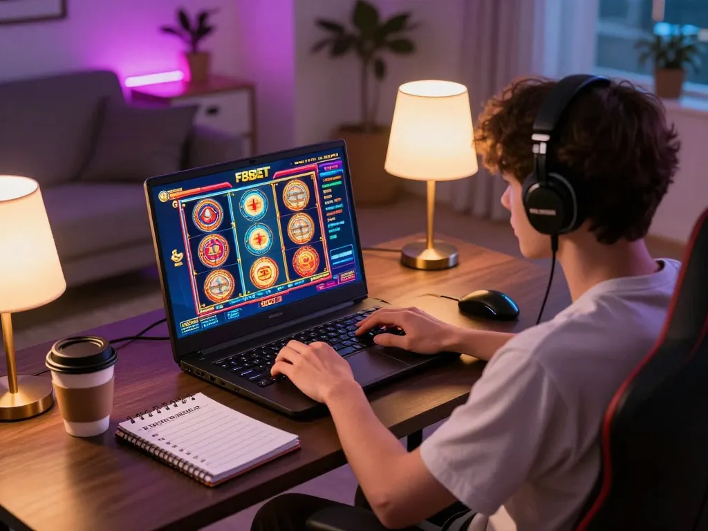 Player enjoying F8BET online casino games on a laptop in a cozy setting