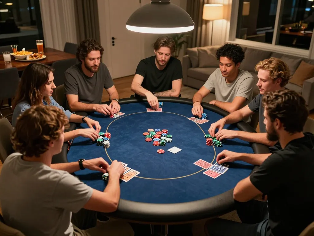 Friends enjoying a poker game at home, showcasing a fun and strategic night with uu88.