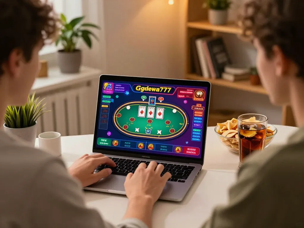 Engaging in online gameplay on ggdewa777, showing colorful poker game interface on a laptop.