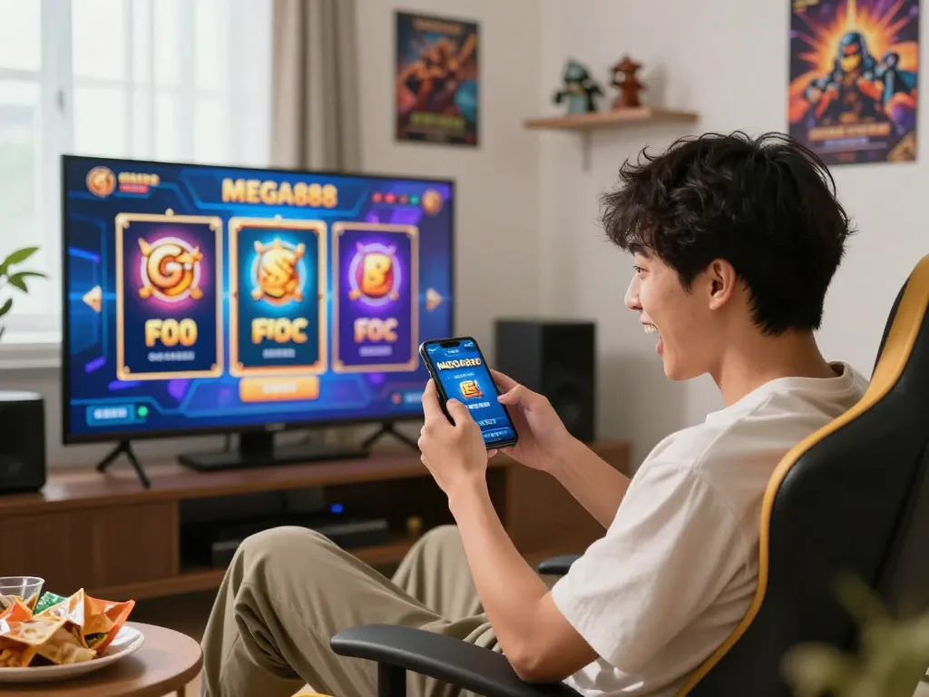 Engaging gaming atmosphere showcasing a player excited about free credit Mega888 offers on a smartphone in a cozy living room