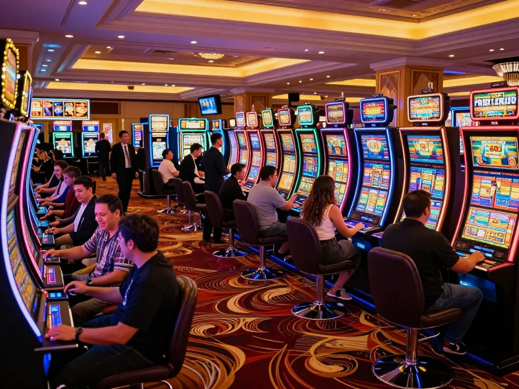 Players enjoying kerajaanslot games at a colorful casino floor with vibrant slot machines.