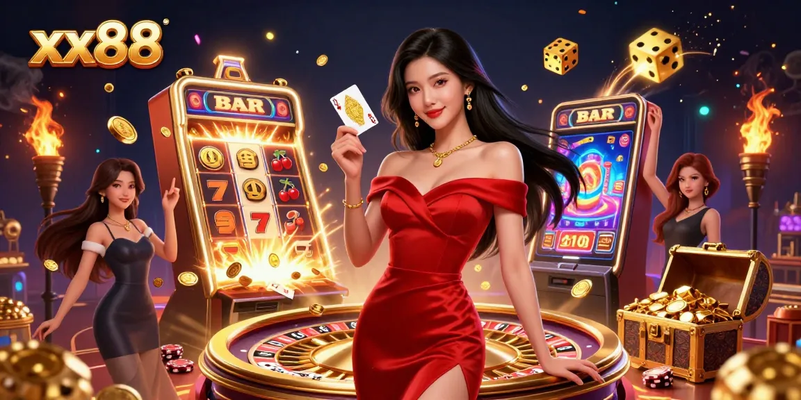 Experience exciting xx88 casino action with a beautiful Asian woman holding a winning card in a vibrant scene.