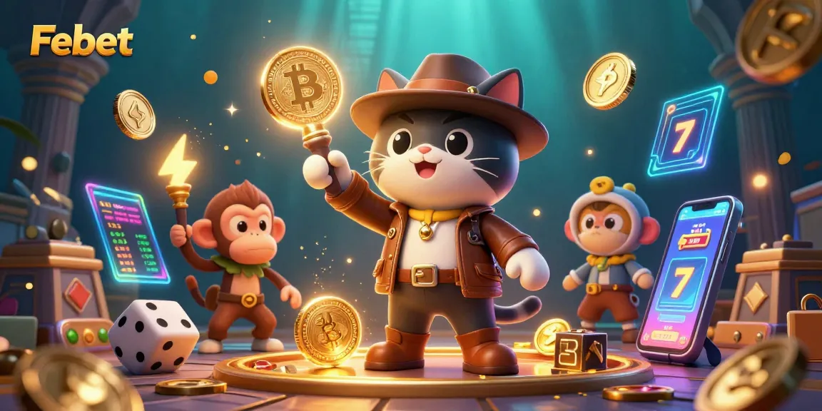 Discover thrilling games with Febet, as the archaeologist cat and his monkey companion dive into a vibrant casino adventure.