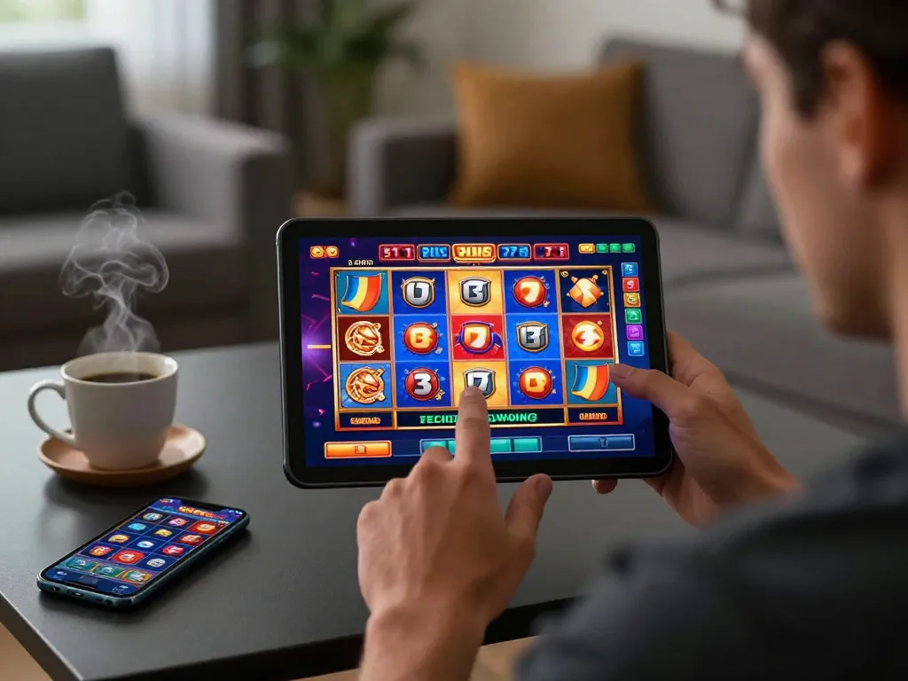 Player engaging with a non gamstop mobile casino app while enjoying a cozy home gaming atmosphere.
