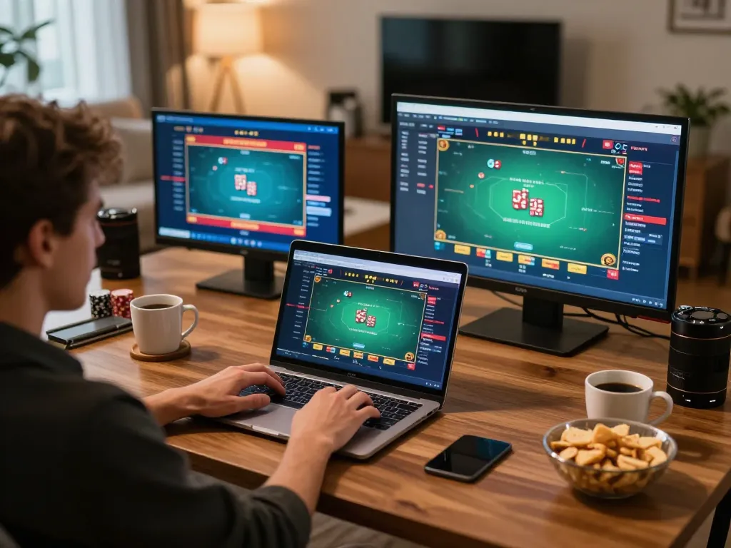 Engage in situs gacor online poker gameplay from a cozy home setup with multiple screens and strategic notes.