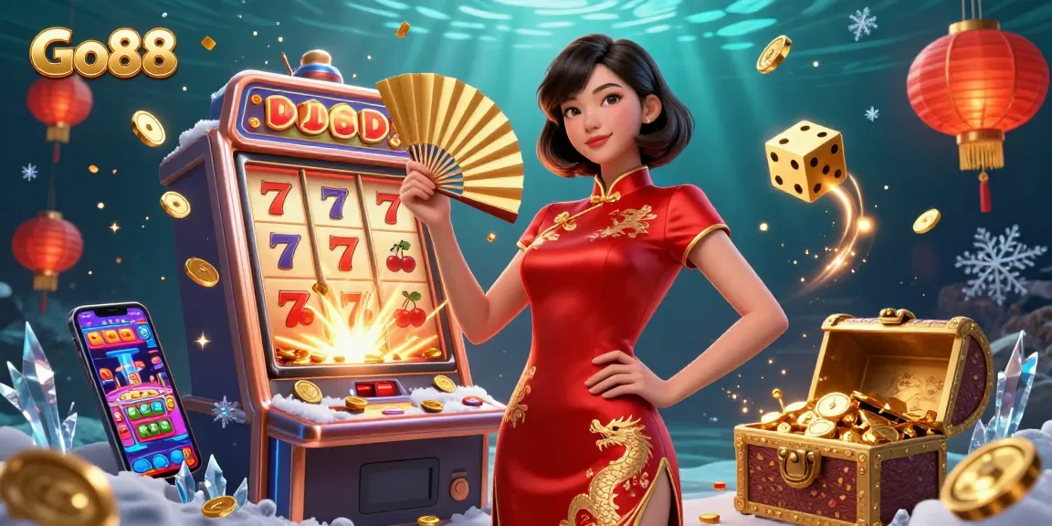Experience vibrant gameplay with Go88's cinematic slot scene featuring a joyous Asian woman and exciting winning elements.