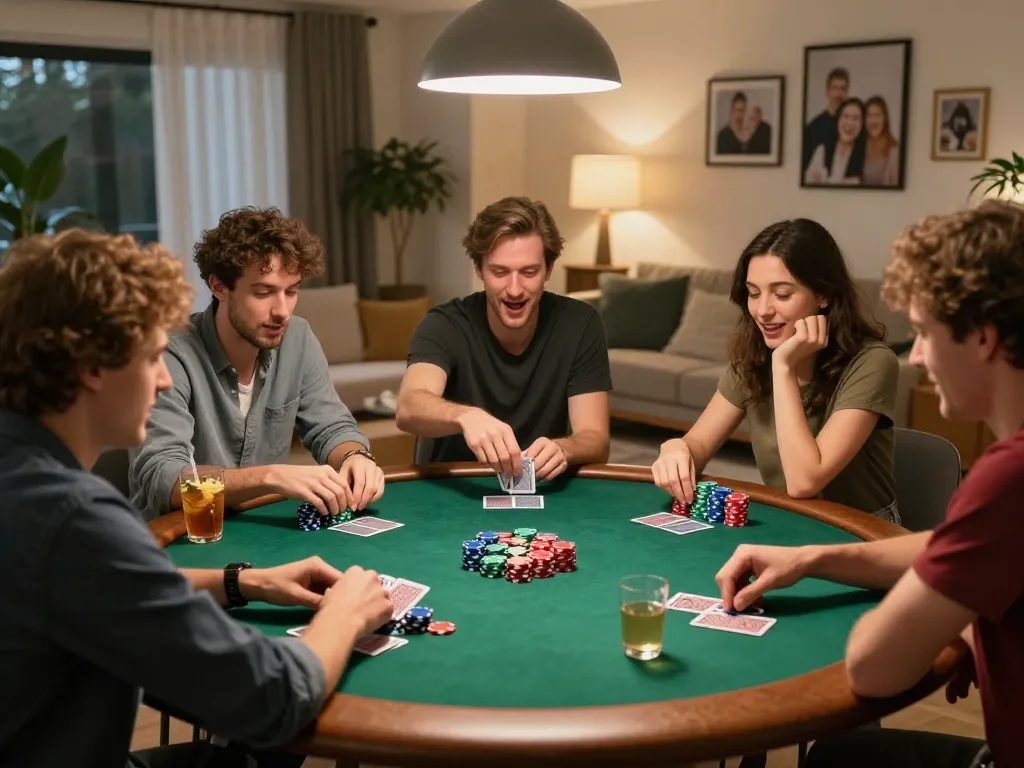 NK88 players engaging in a lively home poker night with vibrant chips and drinks, enjoying strategic gameplay