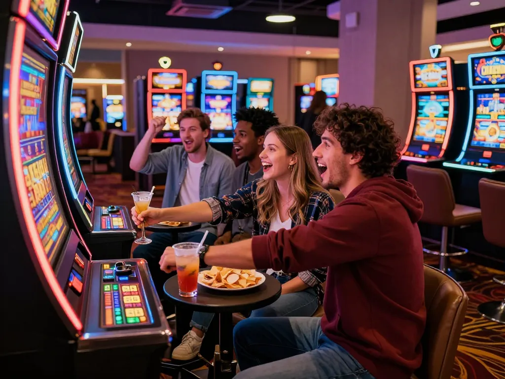 Exciting kerajaanslot gaming scene with friends enjoying a vibrant casino experience.