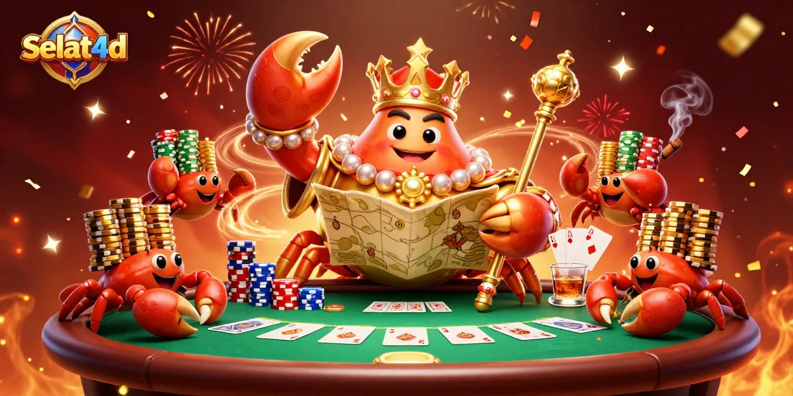 Engage in thrilling selat4d gaming with the crab emperor and golden chips in a vibrant casino.