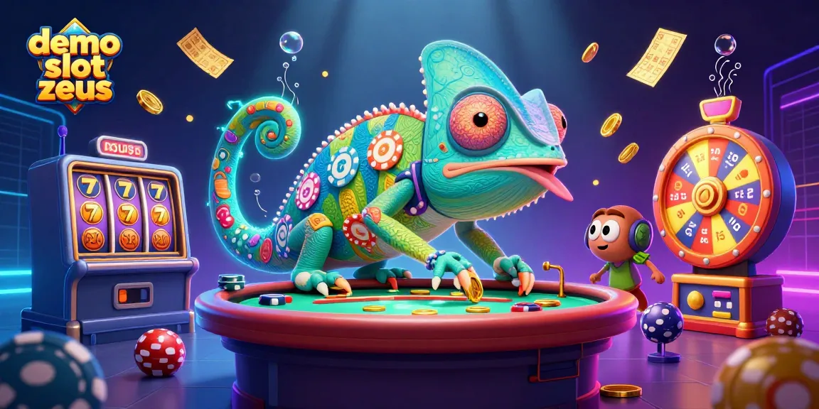 Experience the excitement of the demo slot zeus with a lively illustration featuring a chameleon casino owner and dynamic game elements.