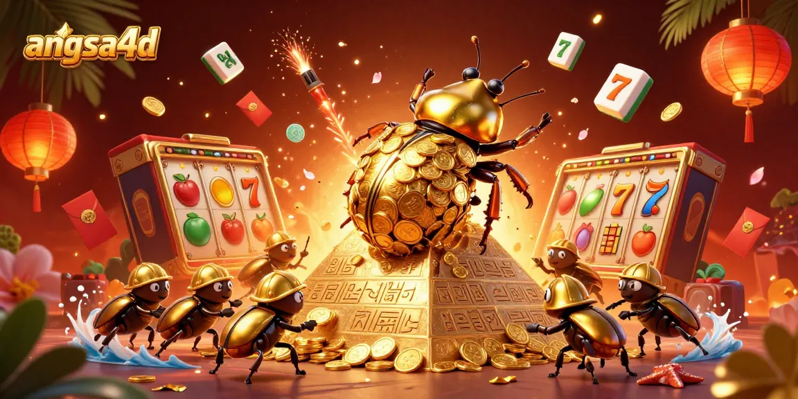 Experience the excitement of angsa4d with golden beetles and slot game symbols rolling in a vibrant casino scene.