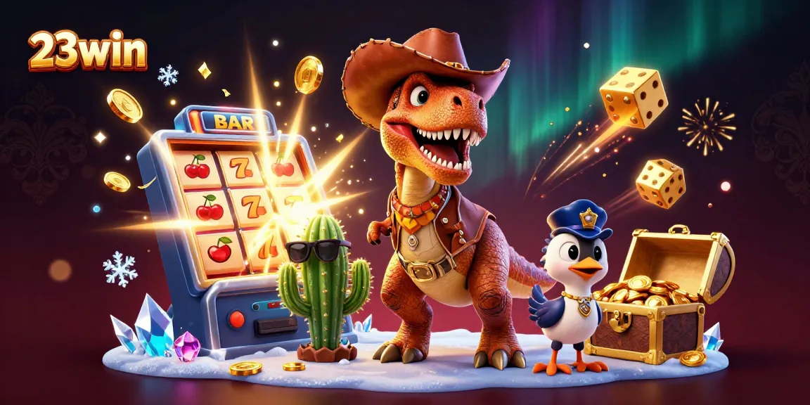 Engage in thrilling slots action at 23win with the animated cowboy T-Rex and friends.