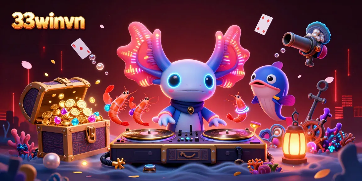 Engage with 33winvn's dynamic underwater casino scene featuring a neon DJ and vibrant sea creatures.