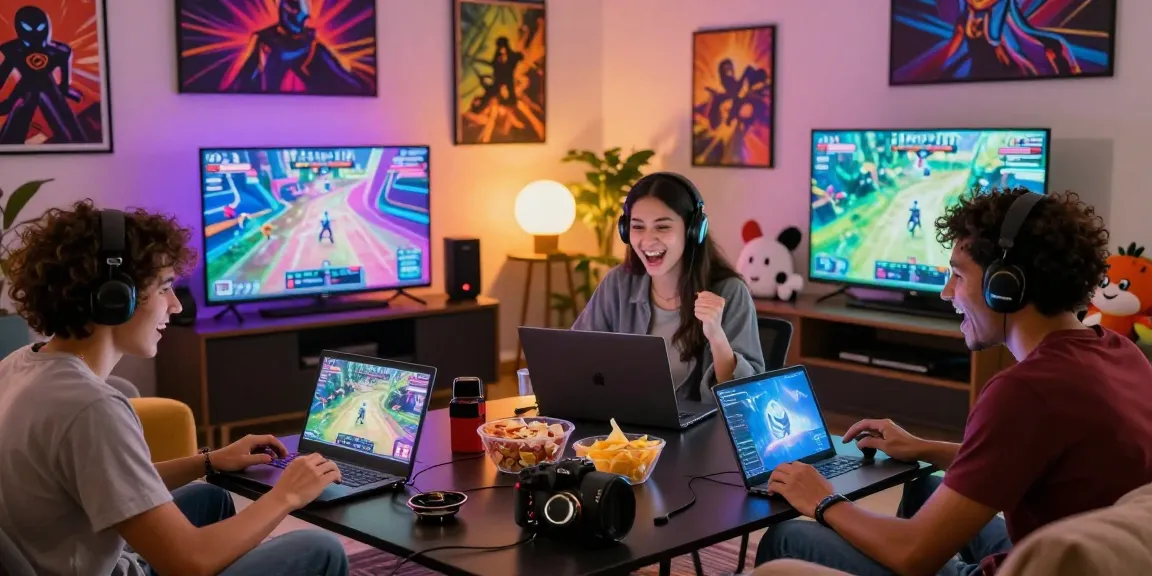 Group of friends enjoying an ecchi game in a cozy living room with vibrant decor.