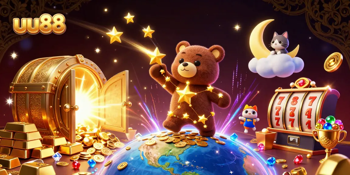 Experience fun with uu88 as the golden star bear collects coins in a vibrant casino-themed scene.