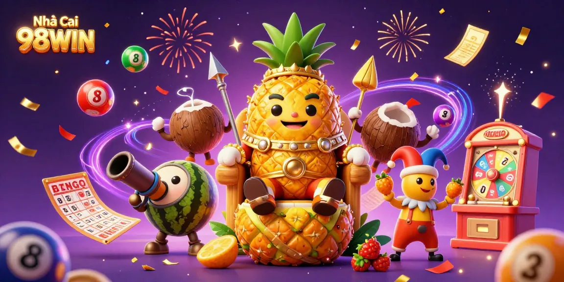 Experience the exciting world of Nhà cái 98WIN with vibrant casino elements and festive atmosphere in a colorful online gambling scene.
