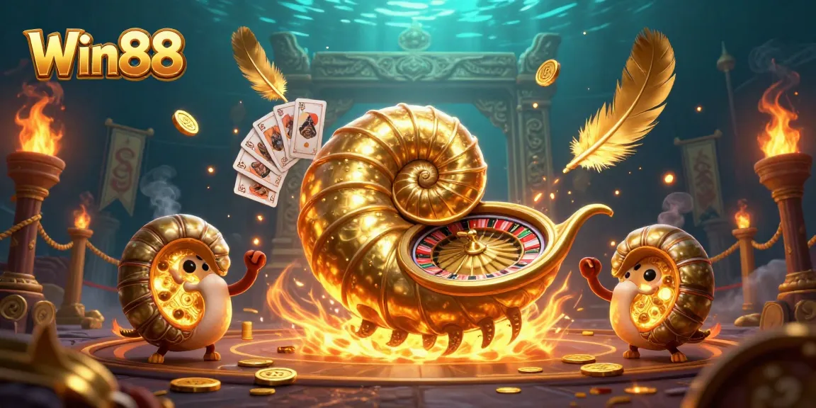 Win88 players enjoy a vibrant casino experience with a nautilus roulette wheel amidst golden treasures.