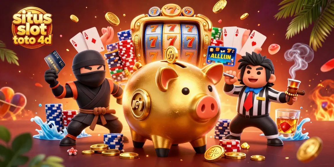 Exciting scene depicting situs slot toto 4d with a golden piggy bank sumo wrestler and vibrant slot reels.