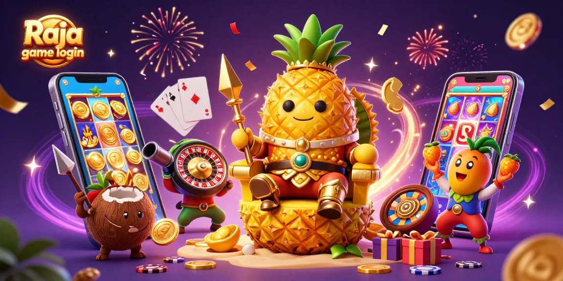 Engage in dynamic play with Raja game login, surrounded by casino-themed characters and vibrant elements.