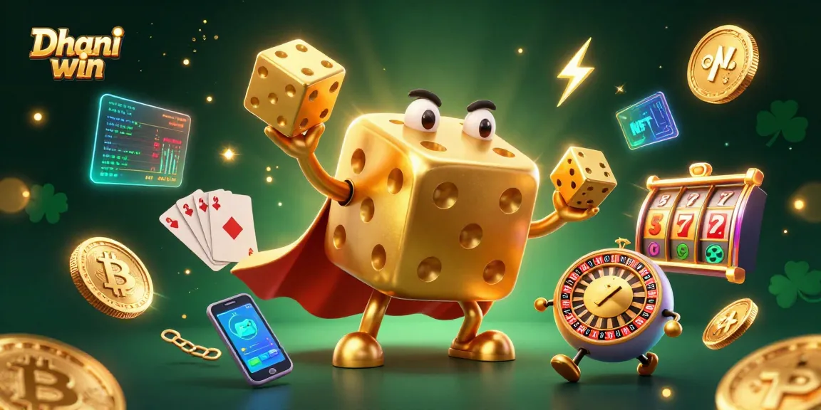 Dhani win casino scene features vibrant 3D character dice golem with golden coins, slot reels, and lottery elements.