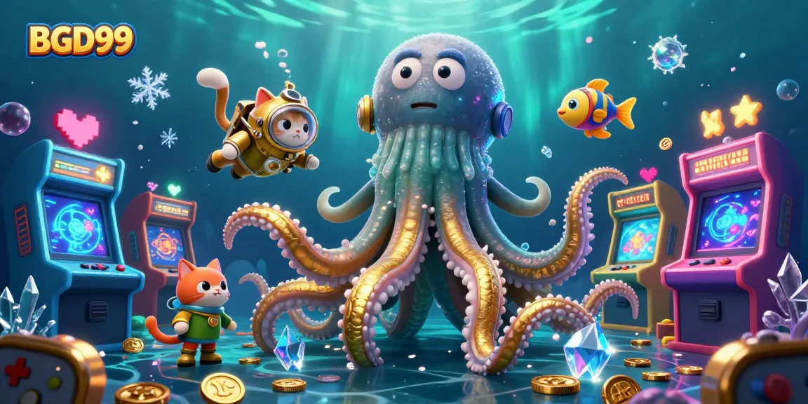 BGD99 captures an exciting gaming scene with a vibrant kraken and diving cat amidst casino-themed elements.