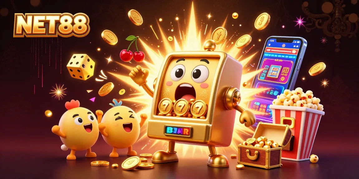 NET88 features a golden slot machine hitting a jackpot amidst coins and cheers, showcasing casino excitement.