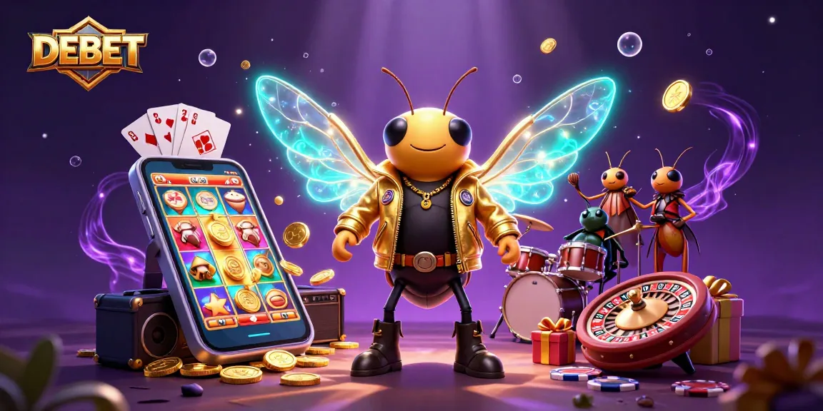 DEBET showcases a vibrant scene featuring a rock star cicada and casino elements, energizing players.