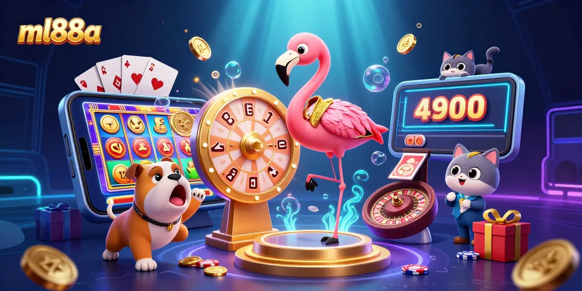 Spin to win with ml88a as the flamingo host and bulldog contestant celebrate big casino rewards!