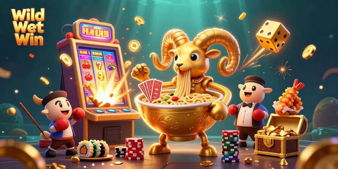 Experience Wild Wet Win with a vibrant 3D illustration showcasing casino excitement and dynamic game elements.