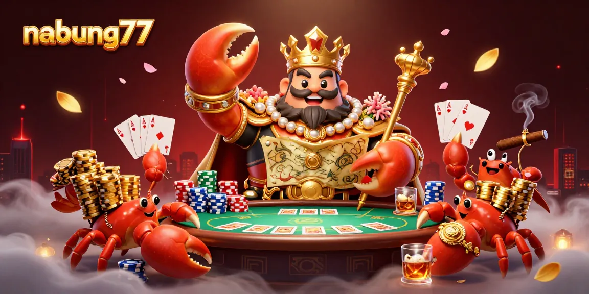 Nabung77 offers an engaging visual of a golden crab emperor holding treasure maps at an animated casino scene.